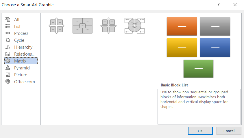 Ví dụ về SmartArt dạng Matrix