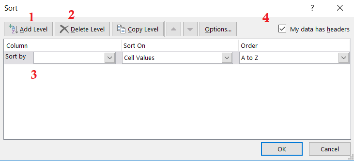 Giao diện hộp thoại Sort trong Excel với các tùy chọn Add Level