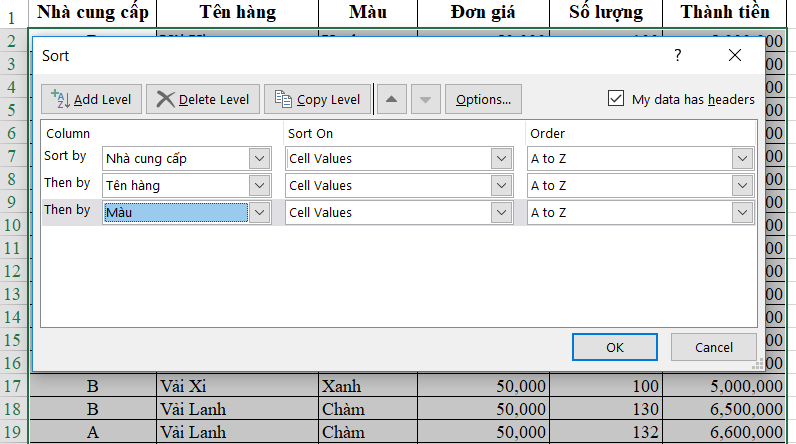 Cấu hình Sort theo 3 cấp độ: Nhà cung cấp, Tên hàng và Màu
