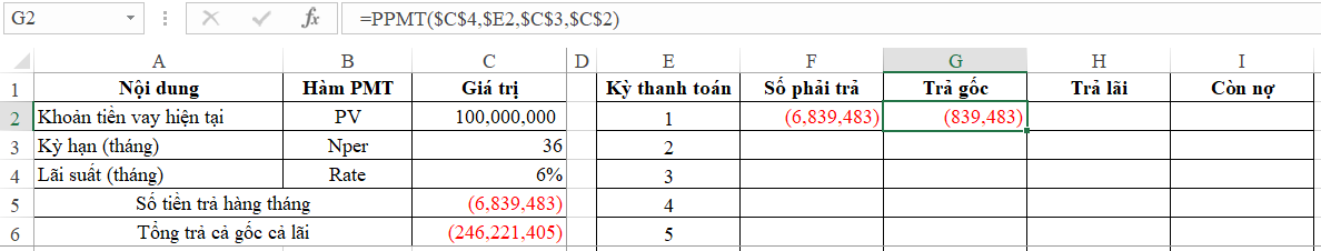 Tính số tiền trả gốc bằng hàm PPMT