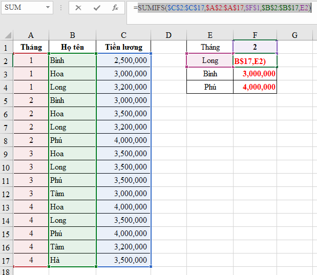 Áp dụng công thức SUMIFS để tính lương