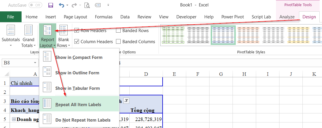 Tùy Chỉnh Báo Cáo PivotTable trong Excel: Hiển Thị Đối Tượng Gộp Nhóm