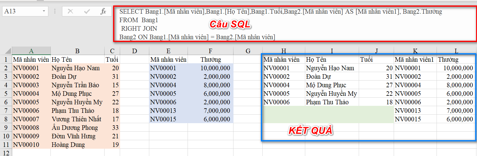 Nối Dữ Liệu Trong Excel Với SQL: Hướng Dẫn Chi Tiết Ví dụ RIGHT JOIN