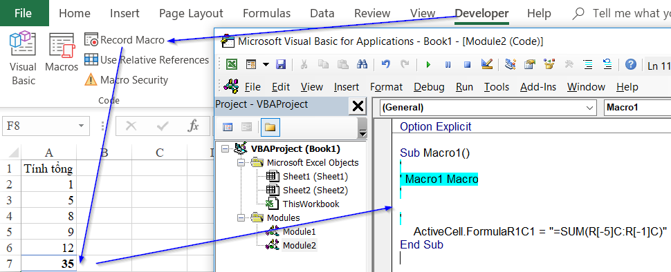 Ví dụ về việc ghi macro với công thức sử dụng kiểu tham chiếu R1C1