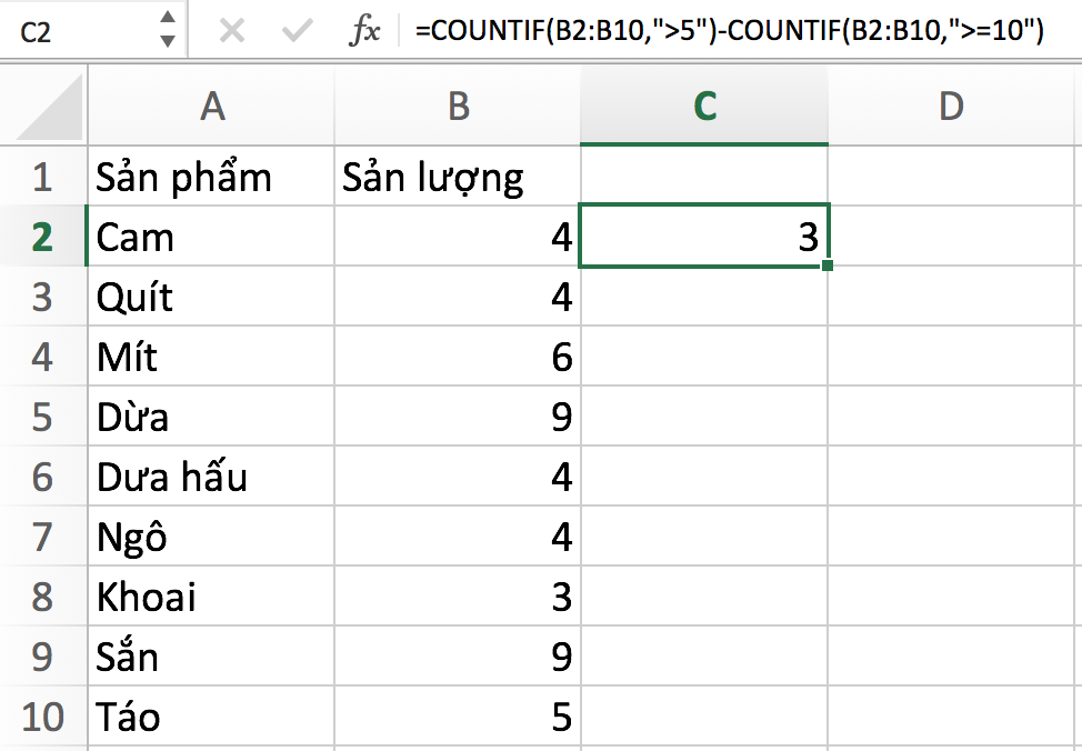 sử dụng countif excel với nhiều điều kiện