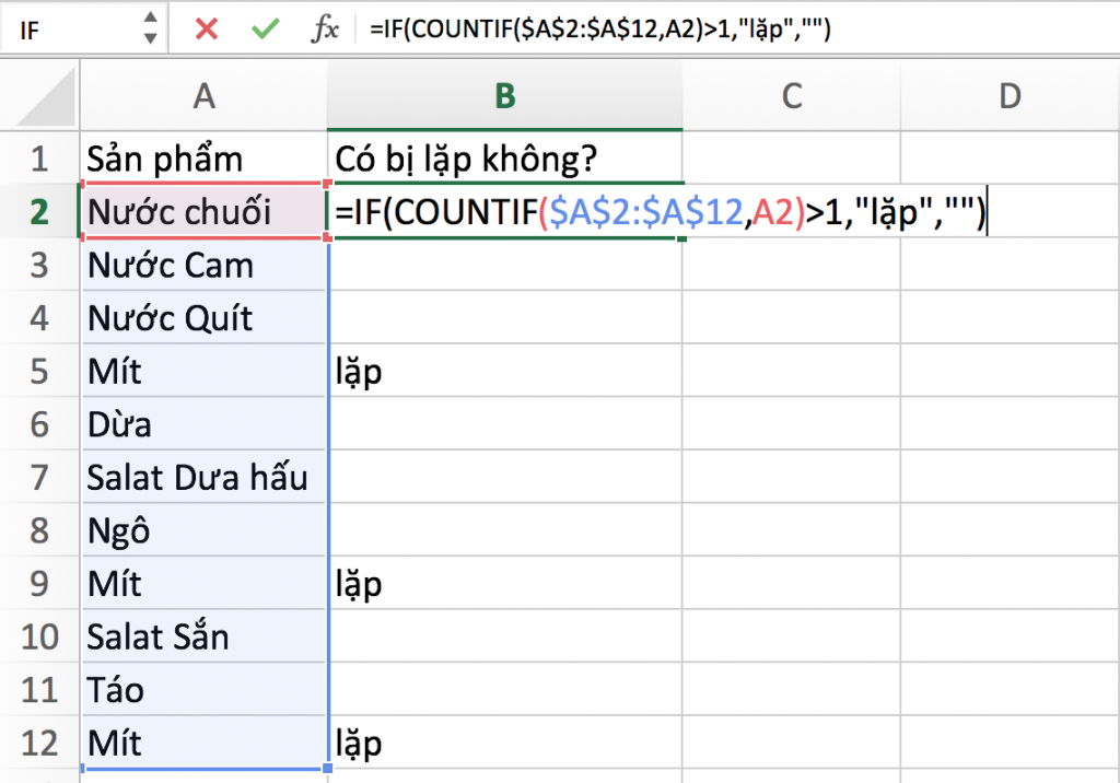 kiểm tra lặp bằng countif