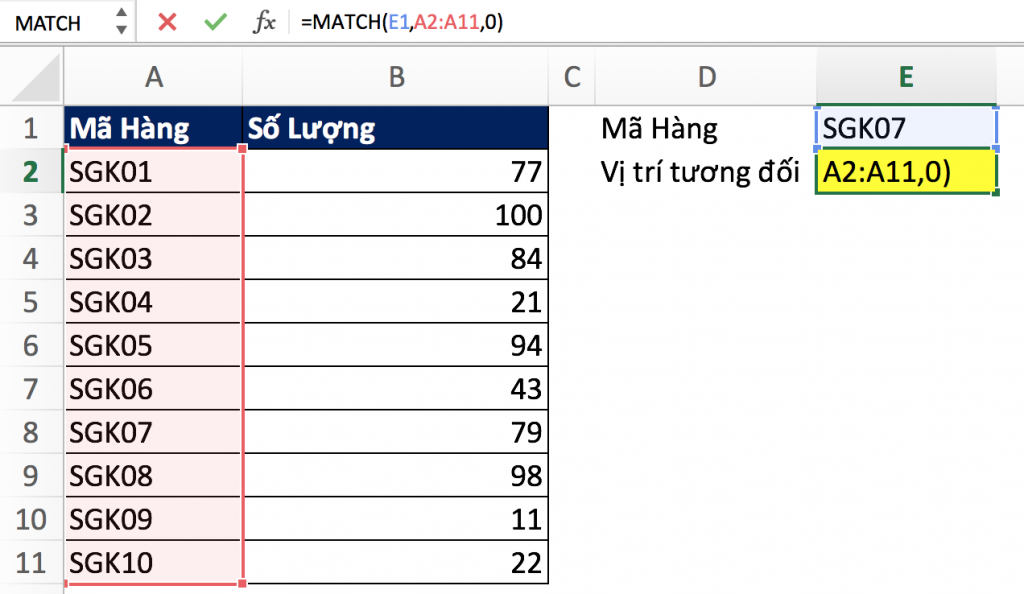Hướng dẫn sử dụng hàm MATCH trong Excel alt
