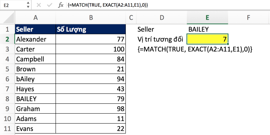 Hướng dẫn sử dụng hàm MATCH trong Excel alt