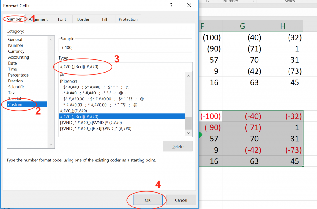 Định dạng số âm trong Excel
