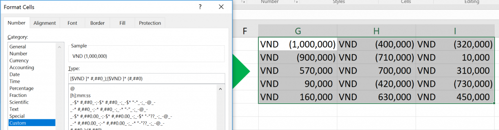 Định dạng số âm trong Excel