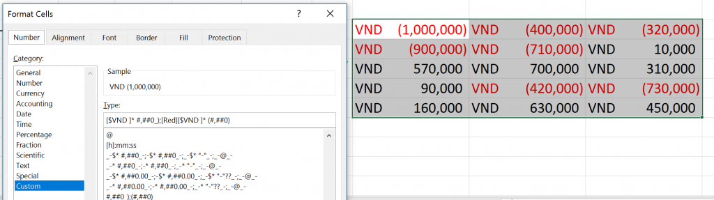Định dạng số âm trong Excel