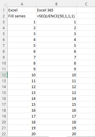 Excel sheet showing a sequential list of numbers from 1 to 50 in column A