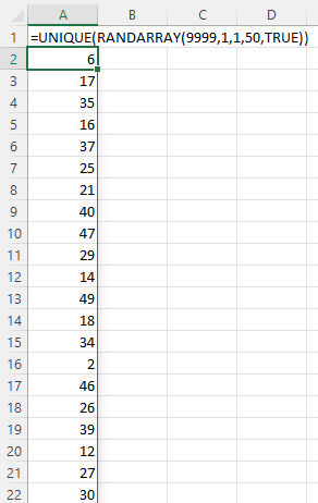 Excel spreadsheet demonstrating the SPILL result of the UNIQUE and RANDARRAY functions