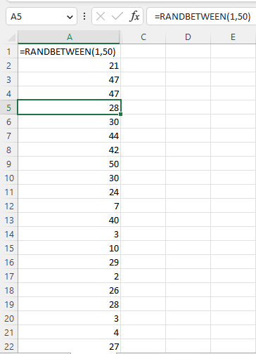 Column showing the RANDBETWEEN function generating numbers with potential duplicates