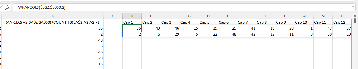 Data formatted into two columns using the WRAPROWS function in Excel 365
