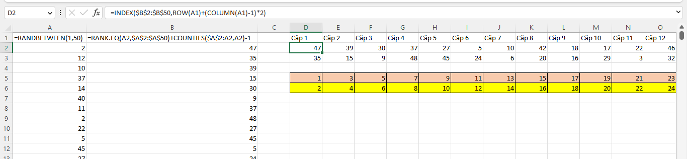 Using the INDEX function with row and column logic to map a single list into a 2D grid
