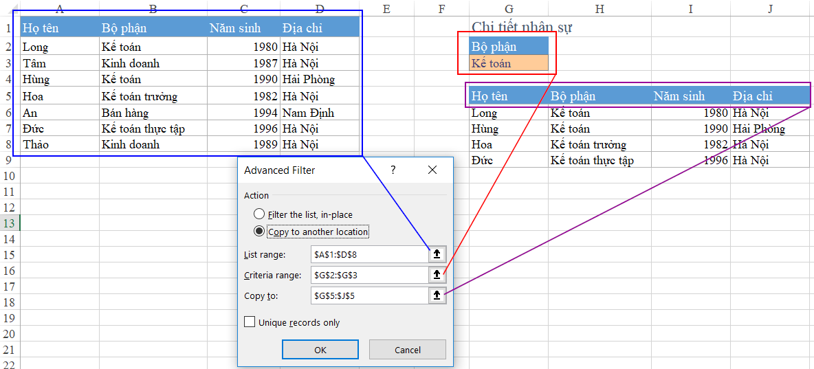 Sử dụng Advanced Filter lọc báo cáo chi tiết