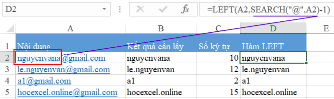 Ví dụ sử dụng hàm LEFT kết hợp SEARCH