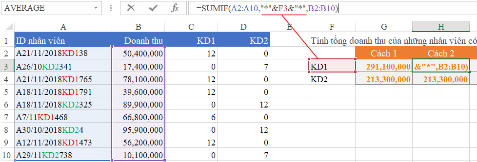 Excel spreadsheet showing the direct SUMIF formula using wildcards for partial matching