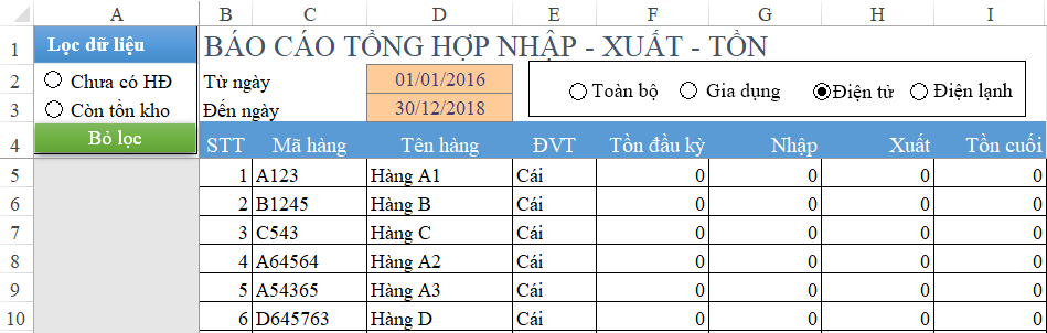 An Excel dashboard example utilizing multiple groups of option buttons for data filtering