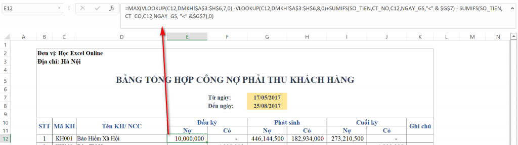 Formula bar showing the opening balance calculation