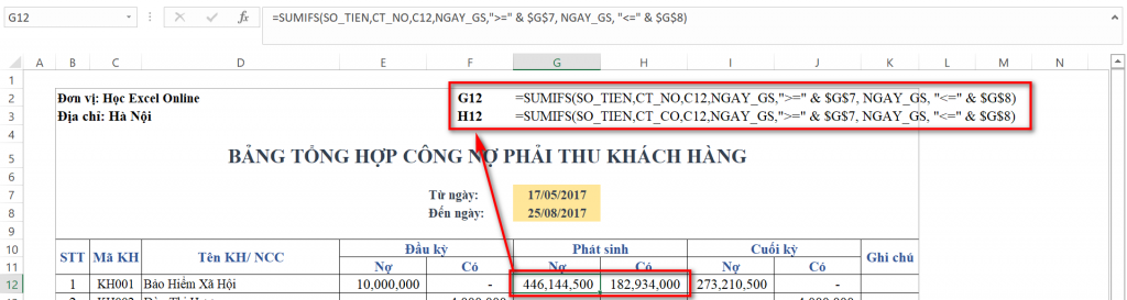 Formula bar showing SUMIFS for period transactions
