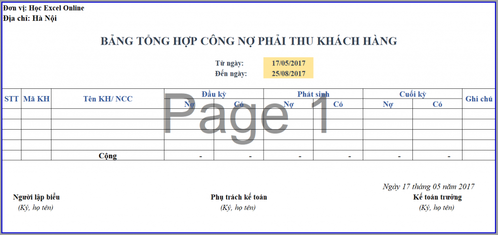 Standard template for Accounts Receivable Summary in Excel