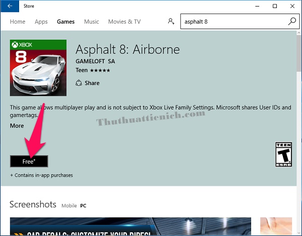 Nút cài đặt Asphalt 8 trên Microsoft Store