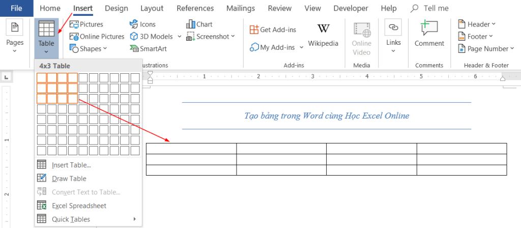Hướng Dẫn Tạo Bảng Trong Word 2007, 2010, 2013, 2016 Chèn bảng theo số dòng số cột
