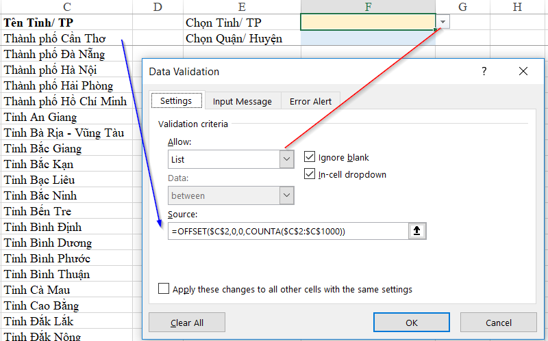 Data Validation cho Tỉnh/Thành phố