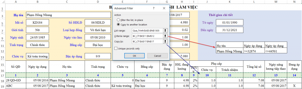 Advanced Filter dialog box settings for extracting data