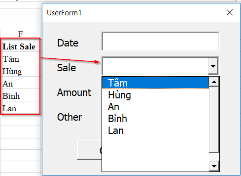 Kết quả sau khi thêm danh sách vào Combobox