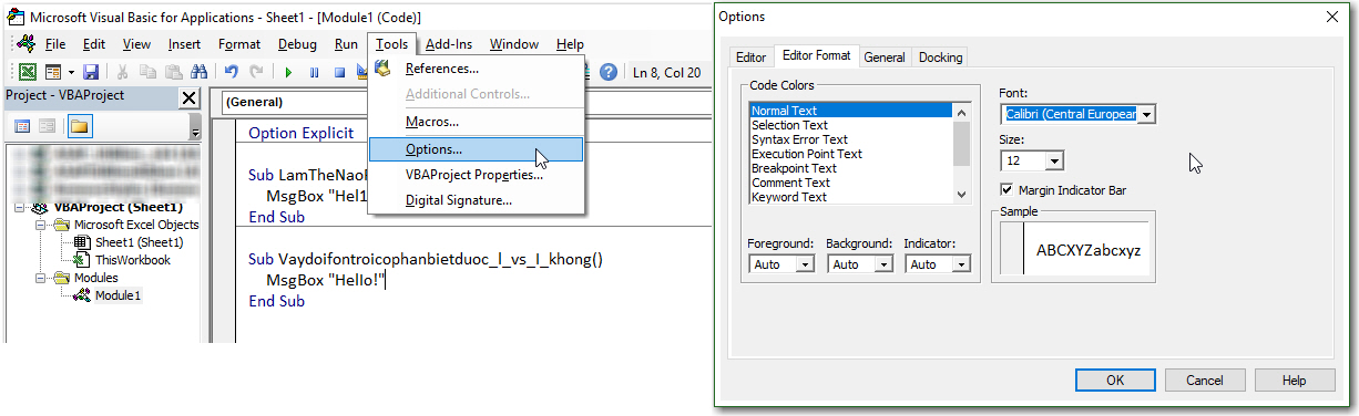 Thay đổi font chữ VBA trong Editor Format
