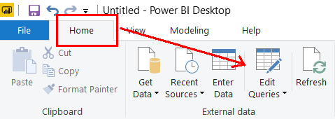 Mô tả vị trí nút lệnh Edit Queries trong Power BI