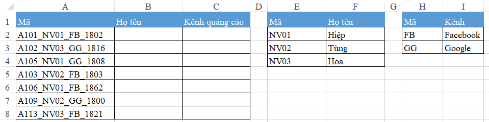 Ví dụ về kết hợp VLOOKUP và MID