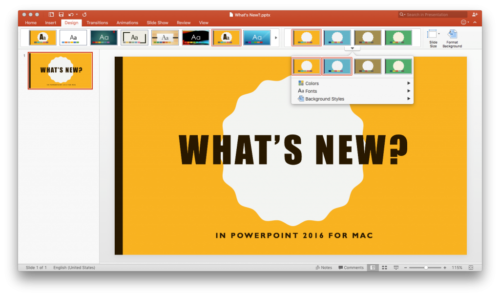 Giao diện Theme Variants trong PowerPoint 2016 cho Mac