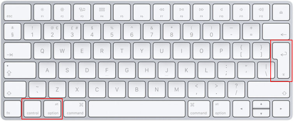 Instructional overlay showing the Control Option Enter shortcut for Mac Excel