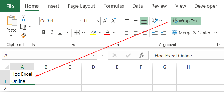 The Wrap Text button located on the Excel Home ribbon interface