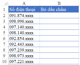 Danh sách số điện thoại cần xóa dấu chấm