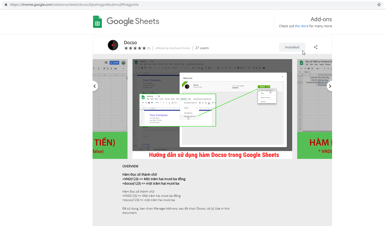 Giao diện Add-on Docso trên Google Workspace Marketplace