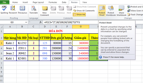Cách ẩn công thức trong Excel Hình minh họa tab Review và nút Protect Sheet
