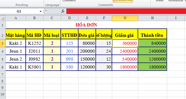 Cách ẩn công thức trong Excel Hình minh họa ô G3 sau khi ẩn công thức