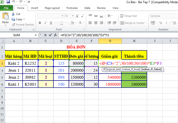 Cách ẩn công thức trong Excel Ví dụ bảng tính Excel với ô G3 được chọn