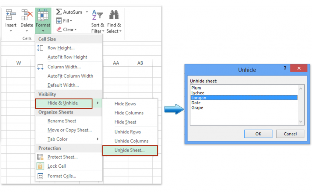 Context menu in Excel showing the Hide and Unhide options for sheets
