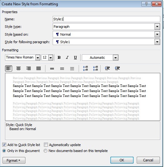Hộp thoại Create New Style