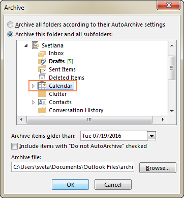 Selecting the Calendar folder for manual archiving