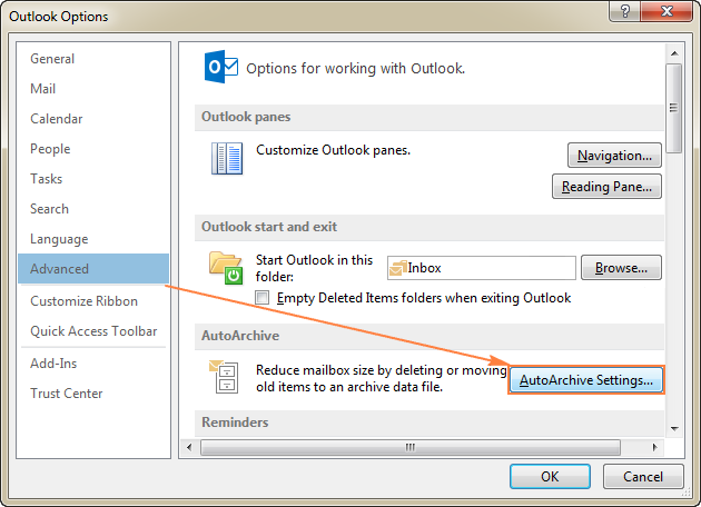 Navigation path to AutoArchive settings in Outlook Options