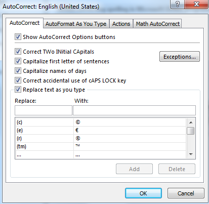 Tối ưu Tính năng AutoCorrect trong Excel Các thẻ trong AutoCorrect