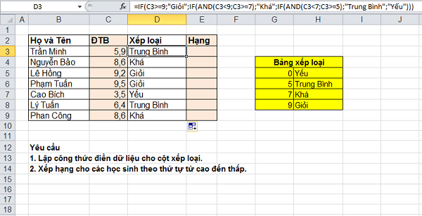 alt text: Xếp loại học sinh bằng hàm IF lồng nhau