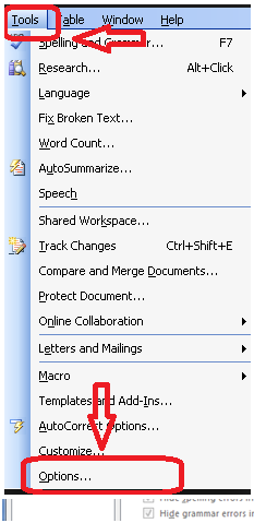 Mở Options Word 2003
